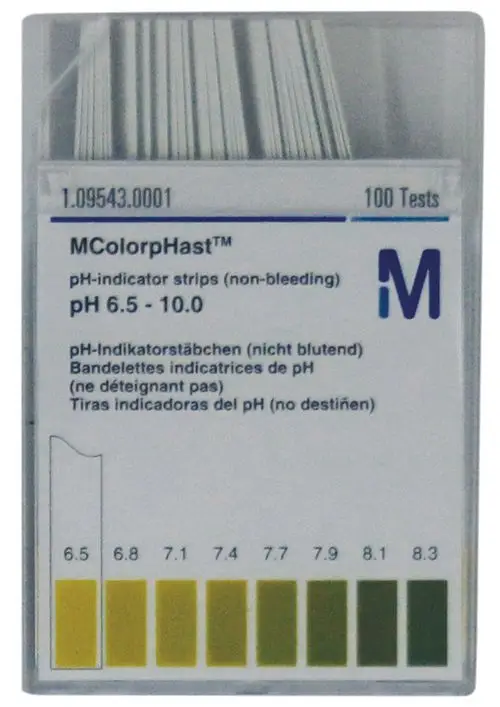 Judo pH-Teststäbchen in einer Verpackung mit 100 Tests, zur Messung des pH-Wertes im Bereich von 6,5 bis 10, mit Farbskala zur Auswertung.